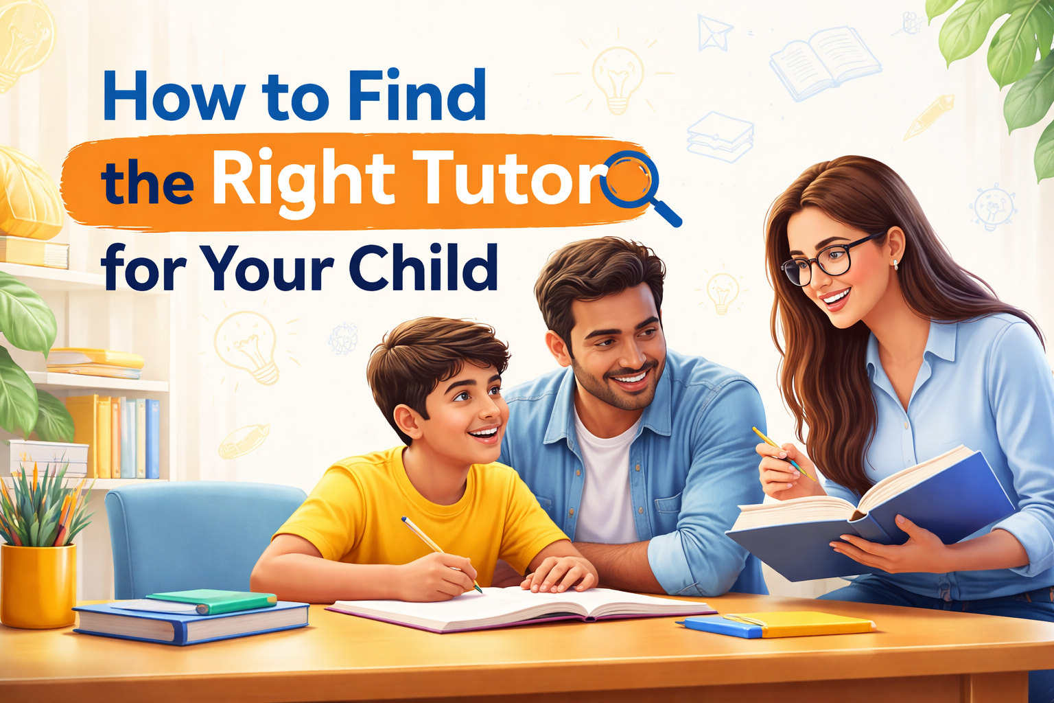 Parent and child studying with a private tutor at home in India